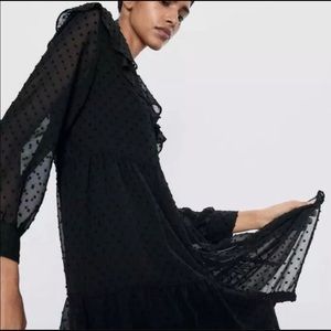Zara Black Dotted Mesh Dress with Ruffles | NWT | XS |